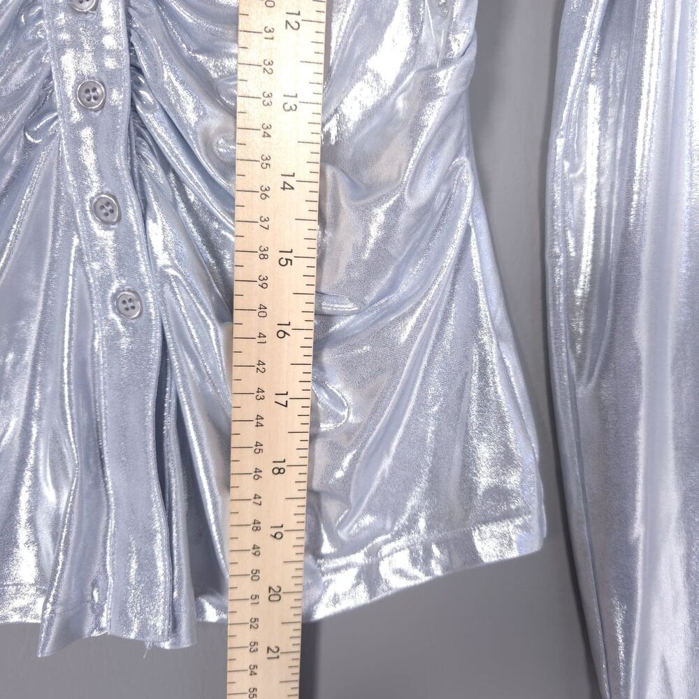 ANTHROPOLOGIE New Women's Top Blouse XS Metallic Silver Ruched Button Stretch - Picture 4 of 9